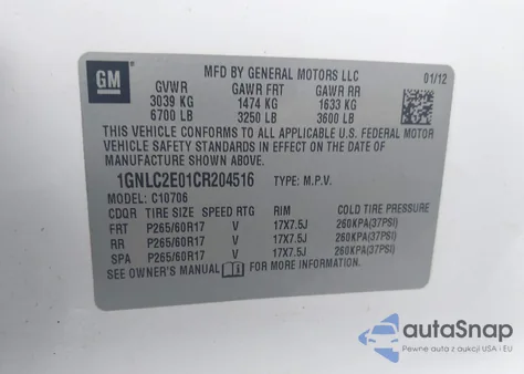 2012 Chevrolet Tahoe Commercial Fleet из США, поврежденный, VIN 1GNLC2E01CR204516